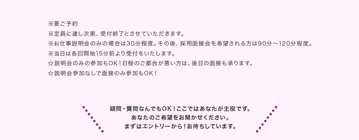 疑問・質問なんでもOK！ここではあなたが主役です。あなたのご希望をお聞かせください。まずはエントリーから！お待ちしています。
