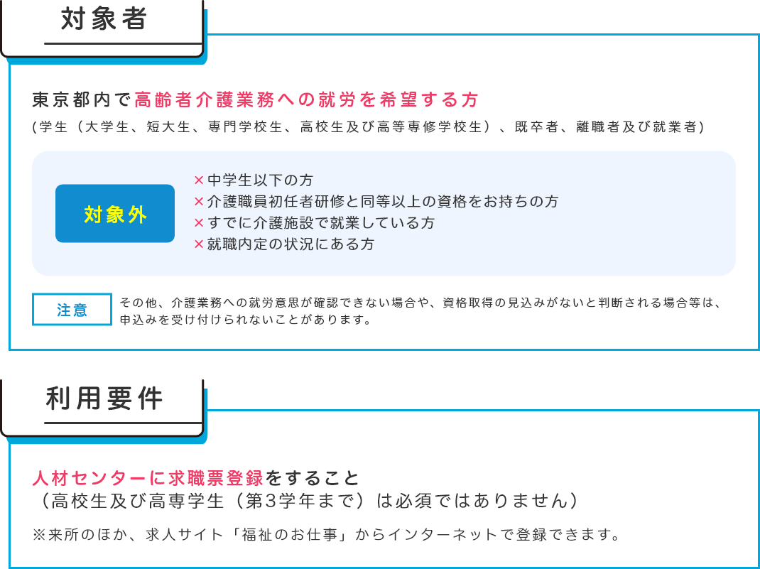 東京都内で高齢者介護の仕事を希望する方が対象。人材センターへの求職票登録が要件。