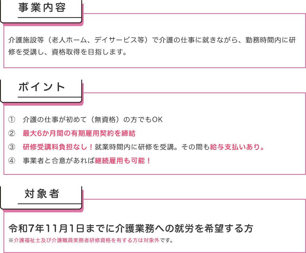 介護施設等勤務＋勤務時間内研修で資格取得を目指す。未経験OK、有期雇用最大6か月、研修費負担なしで受講中も給与あり、継続雇用可。対象者は令和7年11月1日までに介護業務へ就労希望の未経験の方。